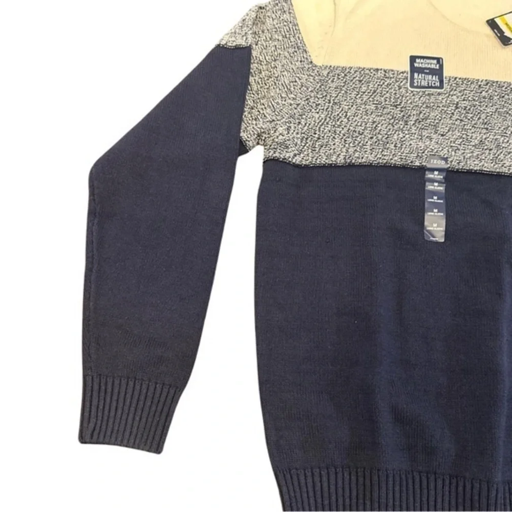 IZOD Mens Colorblock Crewneck Sweater Navy Cream‎ Grey Marl Stretch Pullover M